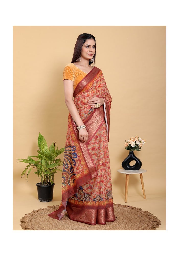 Malishka Export Vibrant Red Artistic Peacock Saree for Women - Image 3